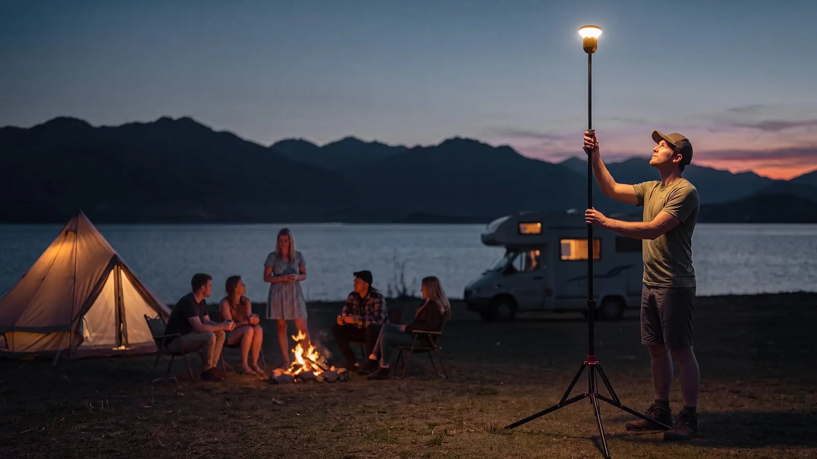 Friends camping by a river at sunset