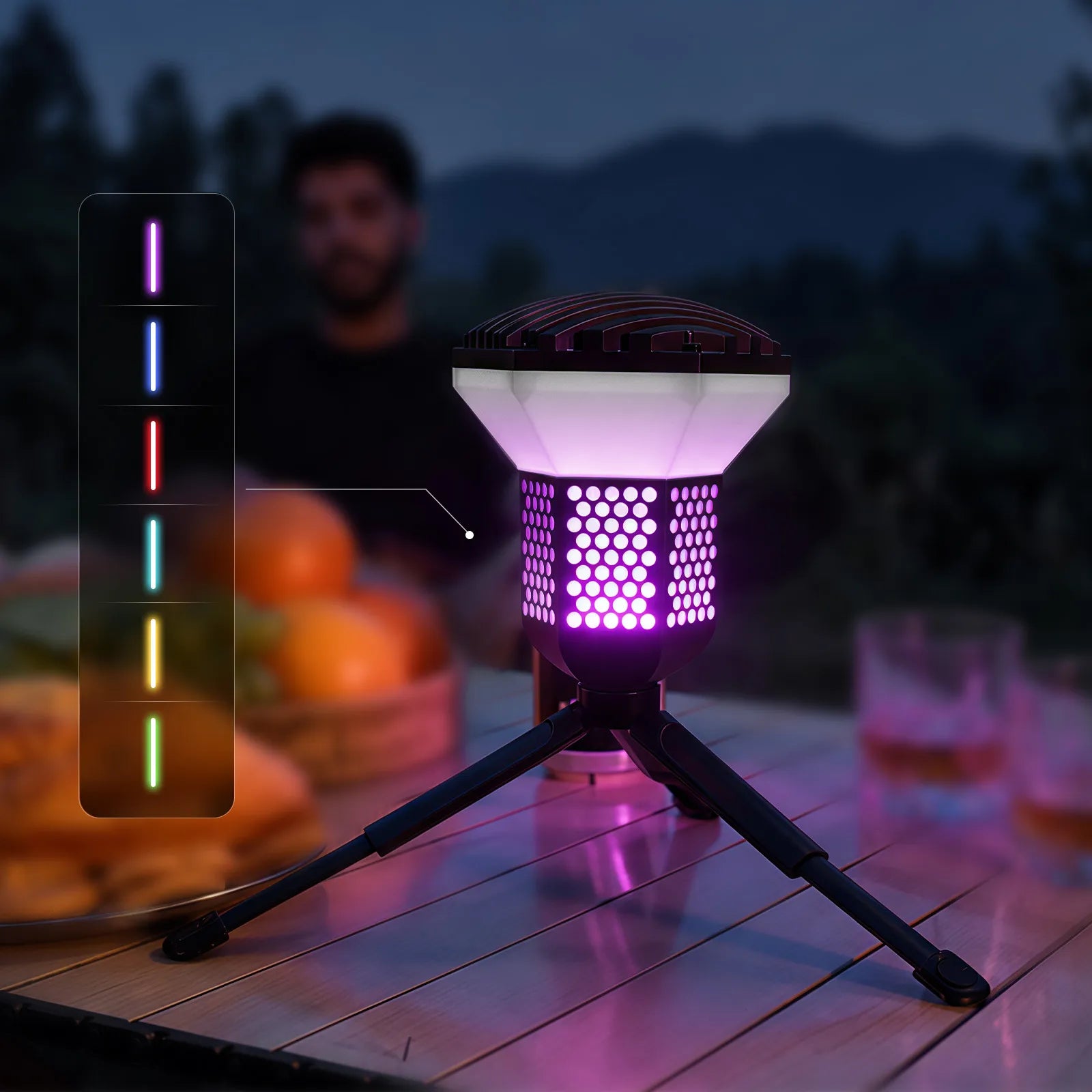 WOLFBOX TL2000 camping light with purple ambient lighting