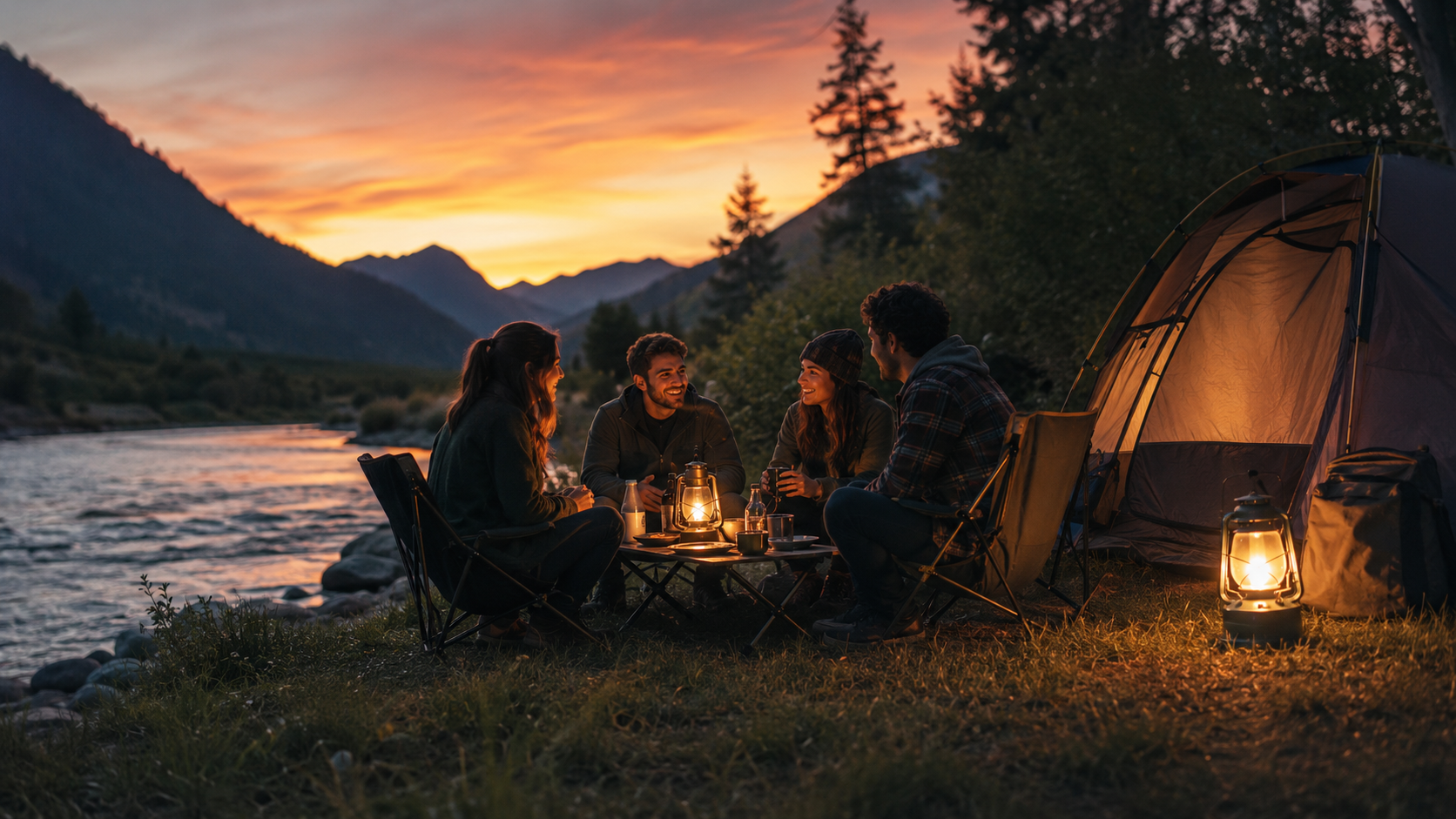 Friends camping by a riverside tent at sunset